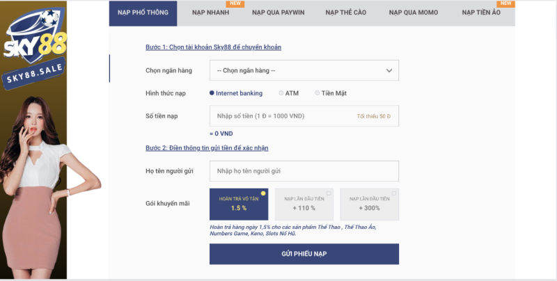 nạp tiền Sky88 qua ngân hàng