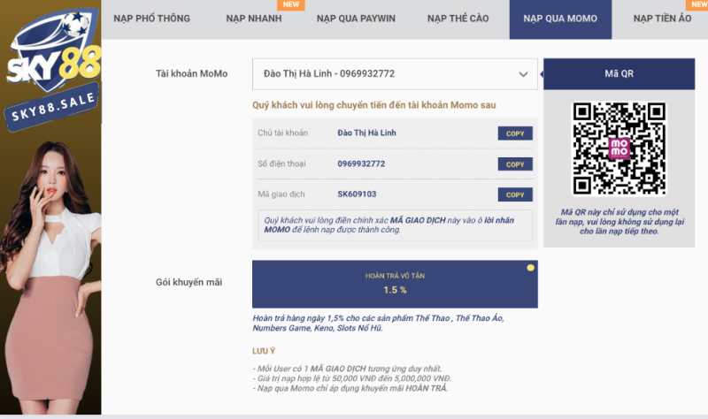 nạp tiền sky88 bằng momo